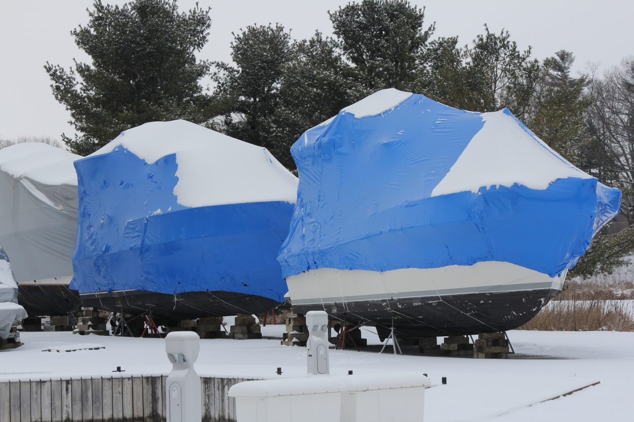 Shrink wrap on boats, on dry land during the winter season as protection against elements.