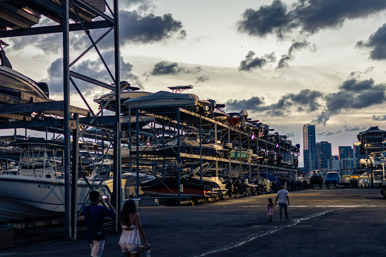 Miami Beach, Miami, America - 08.05.2019 - Ships stored in dock in port in Miami, Florida